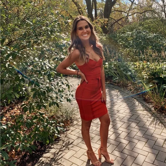 burnt orange bodycon dress Bek Burnt Orange V Neck Bandage Dress for Women, Polyester and Elastane, Knee Length, Soft Breathable Fabrics main image 0